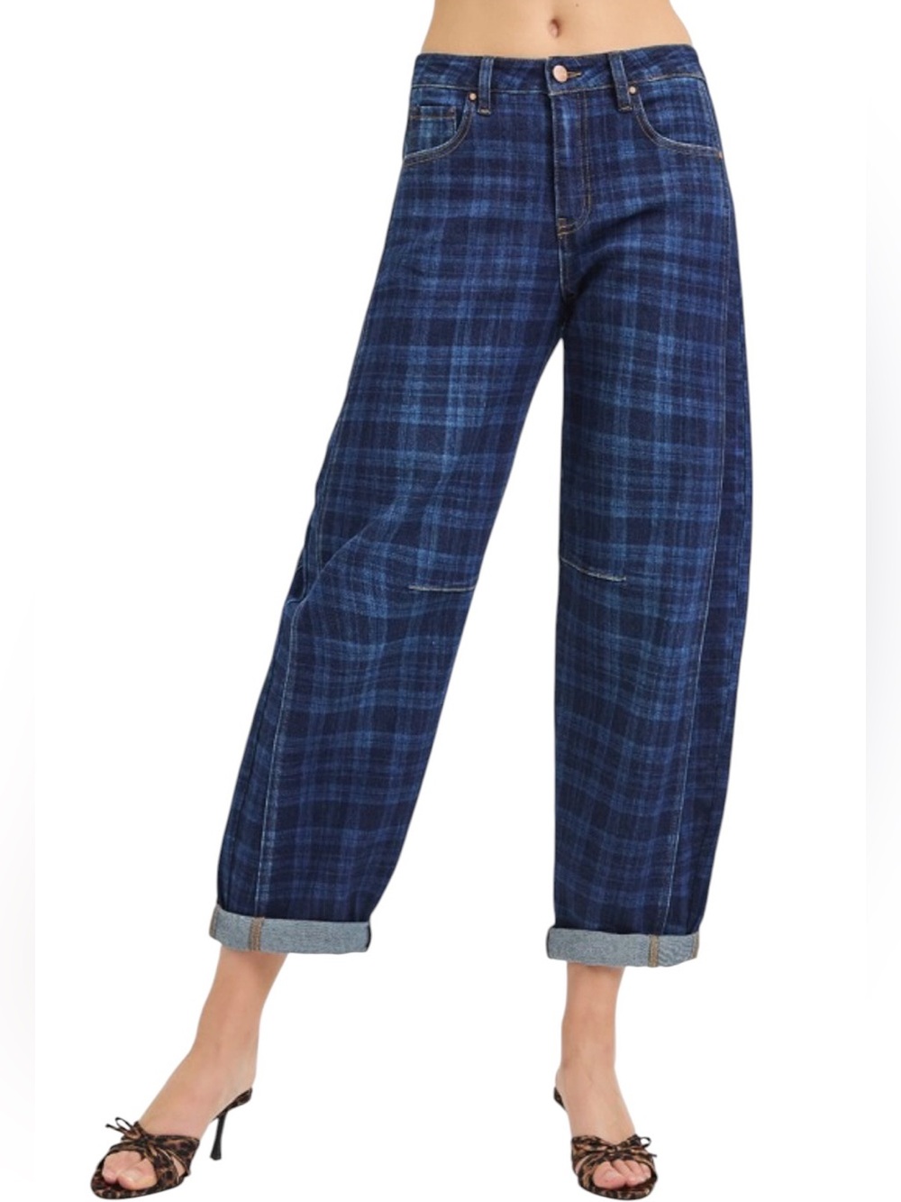 604. Risen Dark Denim Plaid High Rise Ankle Barrel Jeans NEW - Picture 3 of 5